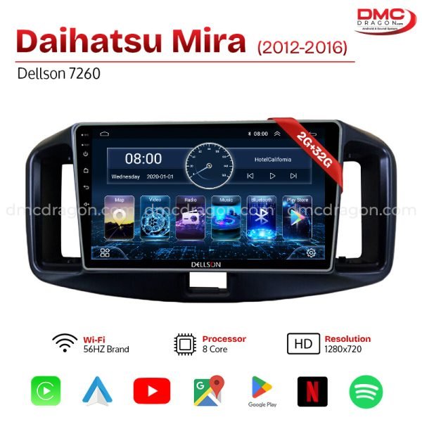 Daihatsu Mira 2012-2016 Dellson 7260 Android Car LCD Panel 2GB+32GB  — 9in Screen