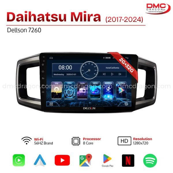 Daihatsu Mira 2017-2024 Dellson 7260 Android Car LCD Panel 2GB+32GB  — 9in Screen