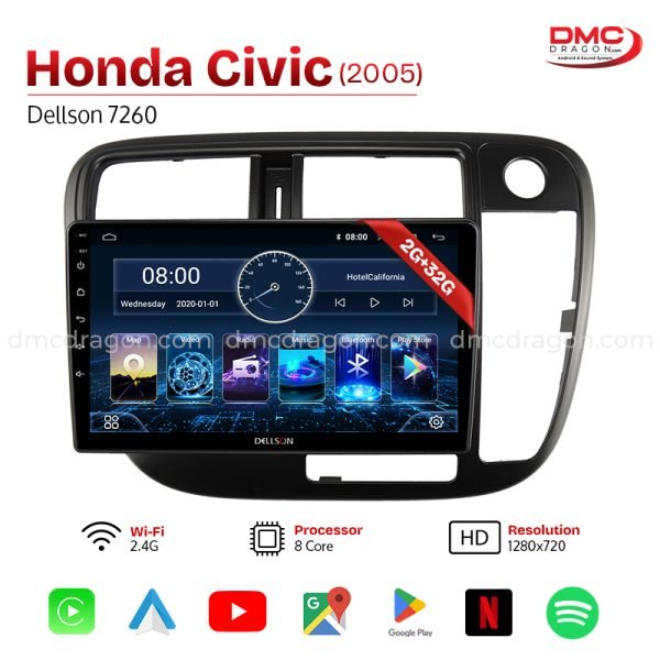 Honda Civic 1998 - 2000 Dellson 7260 Android Car LCD Panel 2GB+32GB