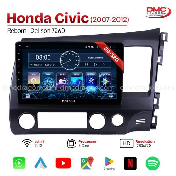 Honda Civic 2007-12 Reborn Dellson 7260 Android Car LCD Panel 2GB+32GB — 10in Screen