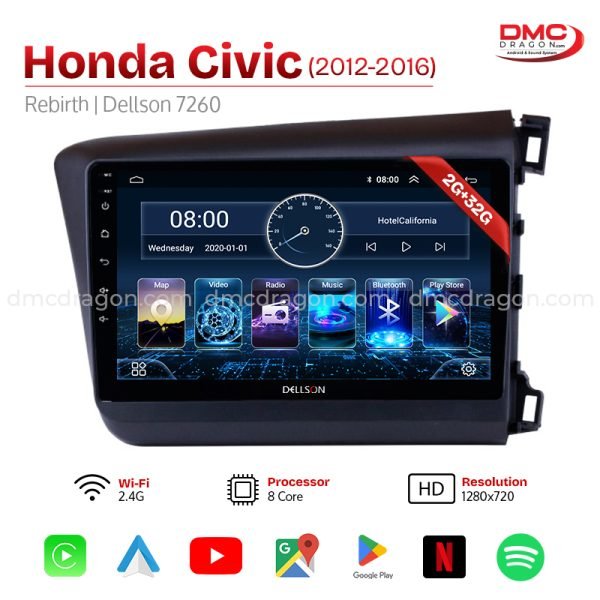 Honda Civic 2012-2016 Rebirth Dellson 7260 Android Car LCD Panel 2GB+32GB —9in Screen