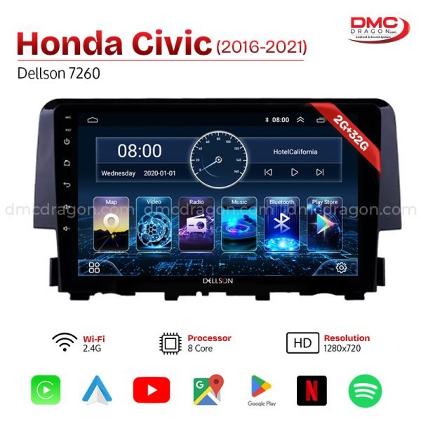 Honda Civic 2016-21 Dellson 7260 Android Car LCD Panel 2GB+32GB —9in Screen
