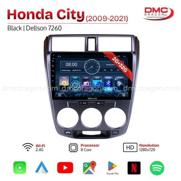 Honda City 2009-21 Black Dellson 7260 Android Car LCD Panel 2GB+32GB