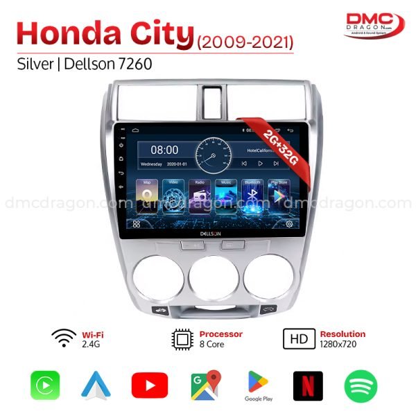 Honda City 2009-21 Silver Dellson 7260 Android Car LCD Panel 2GB+32GB