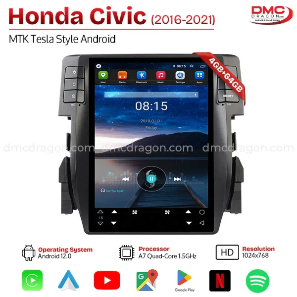 Honda Civic 2016-2021 MTK Tesla Style Android Car LCD Panel 4GB+64GB