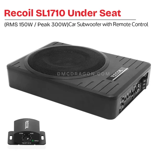 Recoil SL1710 Under Seat Slim 300 Watts Max Power / 150 Watts RMS Amplified Car Subwoofer with Remote Control