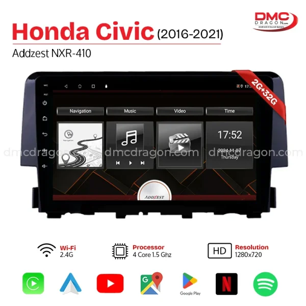 Honda Civic 2016-2021 Addzest NXR-409/410WF Android Carplay Panel 2GB+32GB — 9in Screen