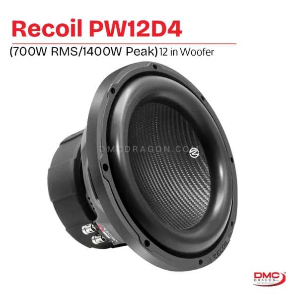 Recoil PW12D4 Car Woofer 12in 1400W Dual 4 Ohm Voice Coil RMS Power 700 Watts Coated 4 Layer High Temperature Voice Coil