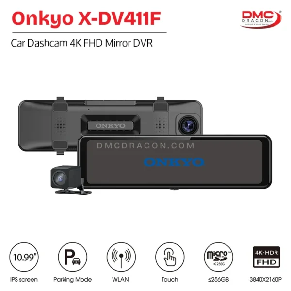Onkyo X-DV411F Car Dashcam DVR 4K FHD Recording 10" IPS HD Touch Screen WiFi