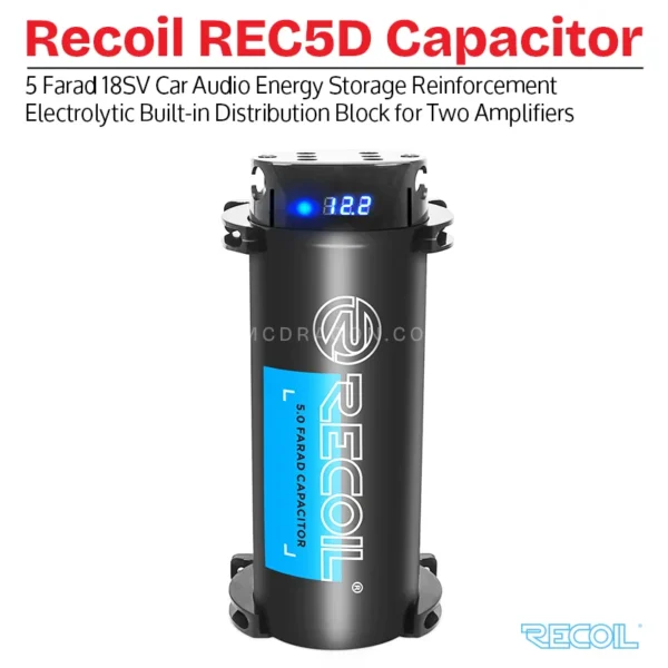 Recoil REC5D 5 Farad 18SV Car Audio Energy Storage Reinforcement Electrolytic Capacitor with Digital Read-Out and Built-in Distribution Block for Two Amplifiers
