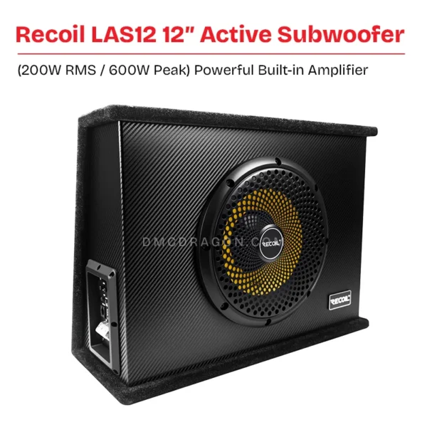 Recoil LAS12 12″ Shallow Active Powered Subwoofer with Built-in Amplifier | 600W Peak | Under-Seat Car Sub | Remote Bass Control