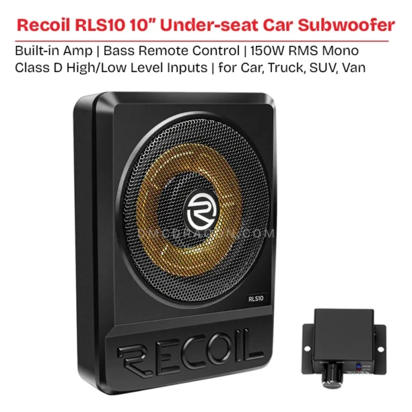 Recoil RLS10 10″ Ultra-Thin Powered Underseat Car Subwoofer with Built-in Amp | Bass Remote Control | 250W RMS Mono Class D