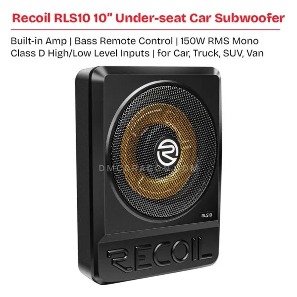 Recoil RLS10 10″ Ultra-Thin Powered Underseat Car Subwoofer with Built-in Amp | Bass Remote Control | 250W RMS Mono Class D