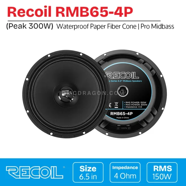 Recoil RMB65-4P Mid Bass Speaker | 4 Ohm Car Audio PRO Speakers | Pressed Waterproof Paper Fiber Cone