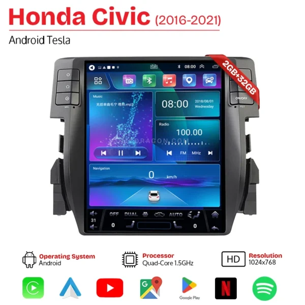 Honda Civic 2016-2021 Car Android Multimedia Tesla Style 10.4 Inch Vertical Screen | 2GB+32GB