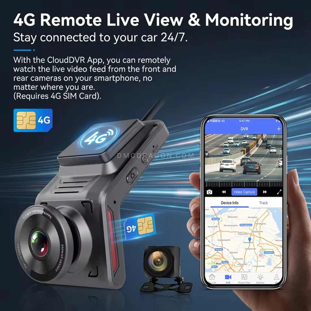 Smart 4G Sim Dash Cam DVR Full HD Live Recording Mobile Monitoring Car DVR 1080P Remote
