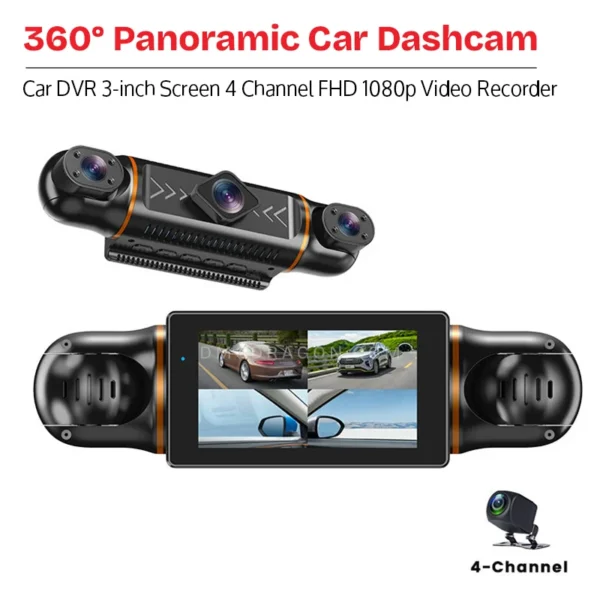 4 Channels Car Dash Cam FHD 1080P Video Recorder WiFi 360 Degree Panoramic View Night Vision 3-inch Screen