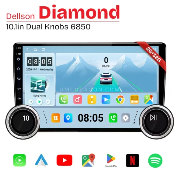 Dellson 6580 Diamond Dual Knobs Android CarPlay 10.1in Screen 2GB+32GB Fit in All Cars