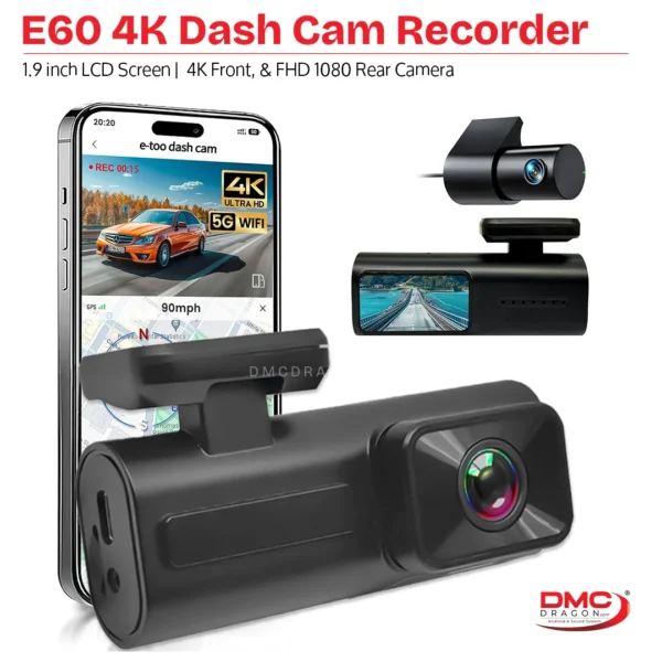 Sansui E60 FHD Dash Cam 2-Channel 4K Recording with Wi-Fi | 1.9 inch LCD Screen | Front & Rear Cam Recorder