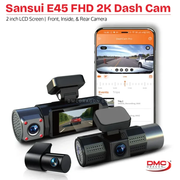 Sansui E45 FHD Dash Cam 3-Channel 2K Recording with Wi-Fi | 2.0 inch LCD Screen | Front, Inside & Rear Cam Recorder