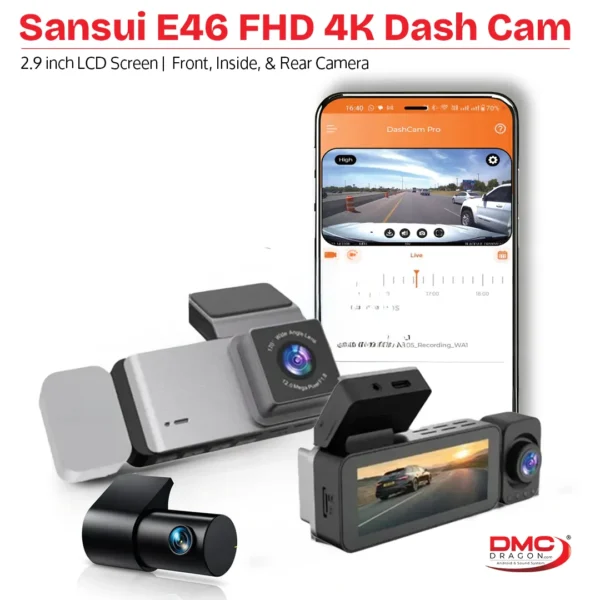 Sansui E46 FHD Dash Cam 3-Channel 4K Recording with Wi-Fi | 2.9 inch LCD Screen | Front, Inside & Rear Cam Recorder