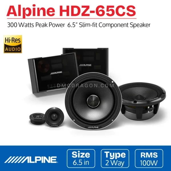 Alpine HDZ-65CS Hi-Res Audio Certified 2-Way Slim-Fit Component Speaker RMS Power 100W / Peak Power 300W