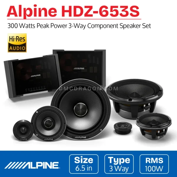 Alpine HDZ-653S Hi-Res Audio Certified 3-Way Slim-Fit Component Speaker RMS Power 100W / Peak Power 300W