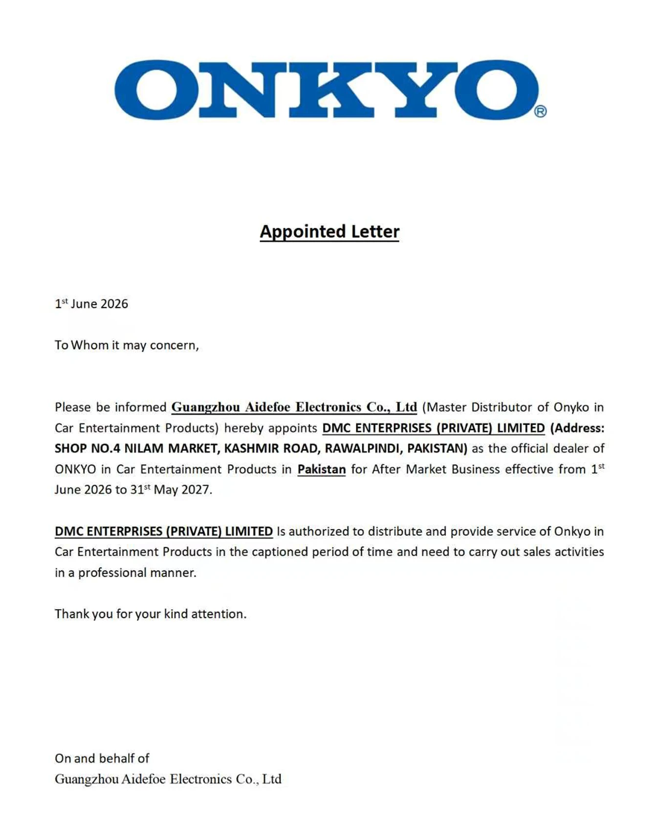 Certifcate of Onkyo