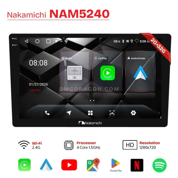 Nakamichi NAM 5240 Android CarPlay LCD Panel & Carplay 2GB+32GB Fits in all Cars