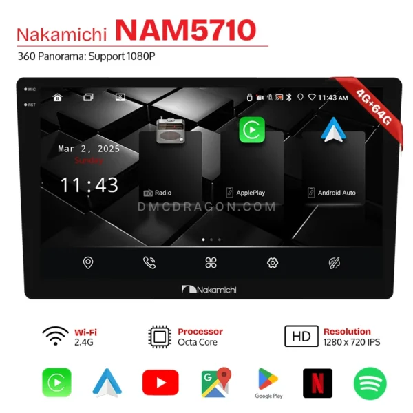 Nakamichi NAM 5710 Android CarPlay LCD Panel | 4GB+64GB | 360 Camera Support | Fits in all Cars