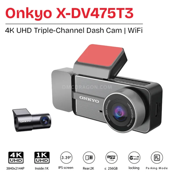 Onkyo X-DV475T3 4K UHD Triple-Channel Dash Cam 3.39” LCD Display With WIFI | Front 4K, Inside 1K, Rear 2K