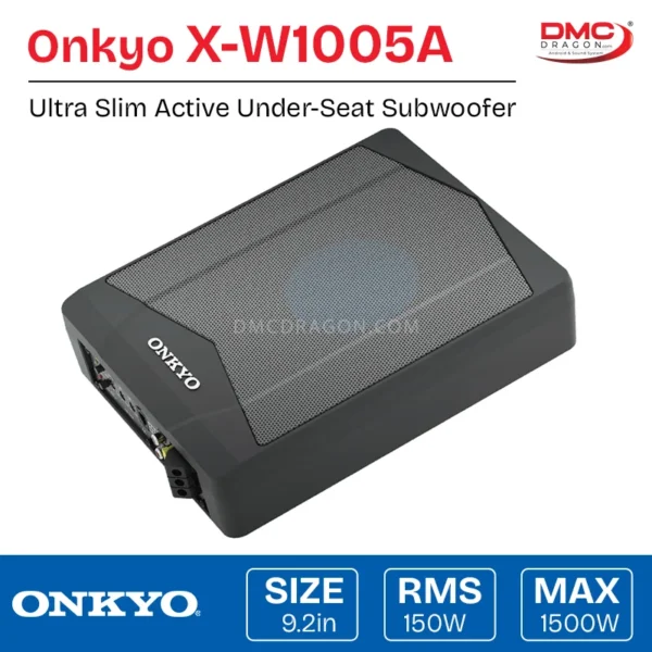 Onkyo X-W1005A 9.2-inch Ultra Slim Active Under-Seat Car Subwoofer Aluminum Casing | RMS 150W / Peak Power 1500W | Built-in Amplifier