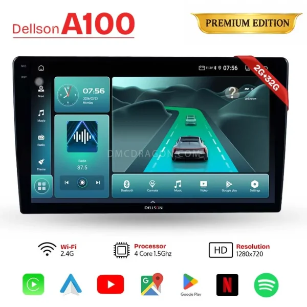 Dellson T100 Premium Edition Android Panel | 2GB+32GB | Apple CarPlay & Android Auto | Universal Fit