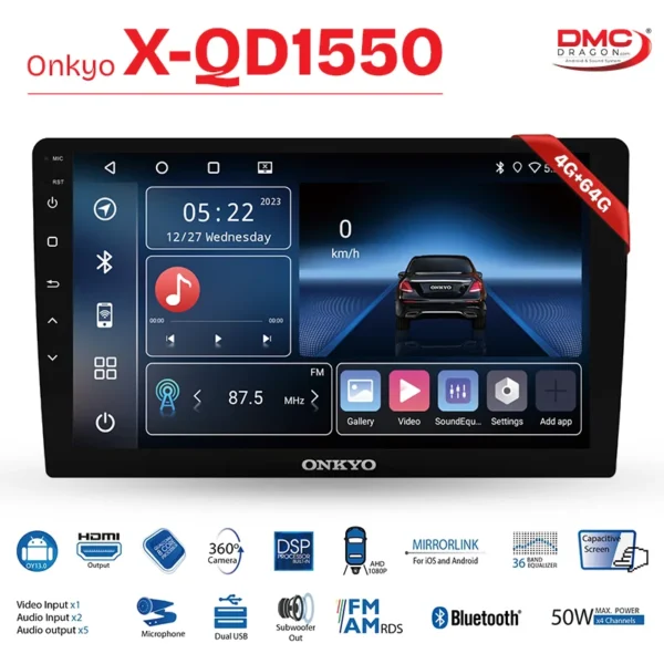 Onkyo X-QD1550 Multimedia Player Android Panel CarPlay | 4GB+64GB | 360° Camera Support | 9-inch Screen